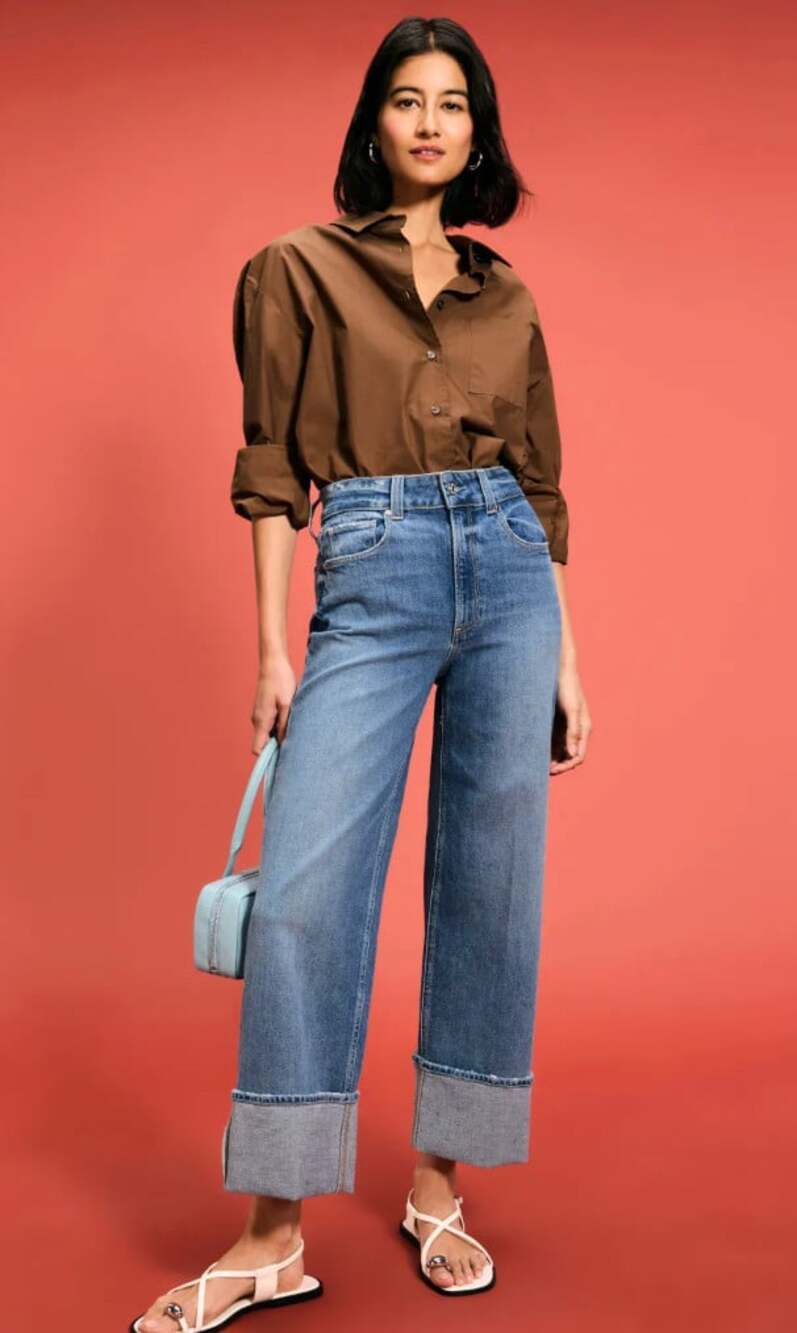 Paige Sasha Ankle Cuffed Wide Leg Jeans in Medium Blue Size 30